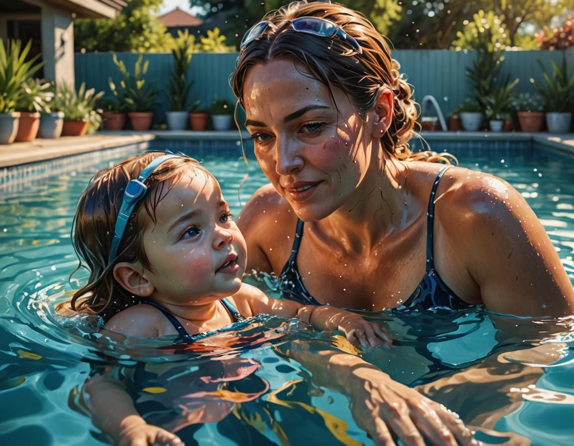 Gorgeous lady and her baby daughter enjoying swimming in a s...