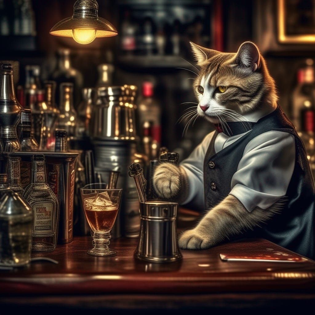 A cat bartender is fixing drinks for other cats sitting at the bar false