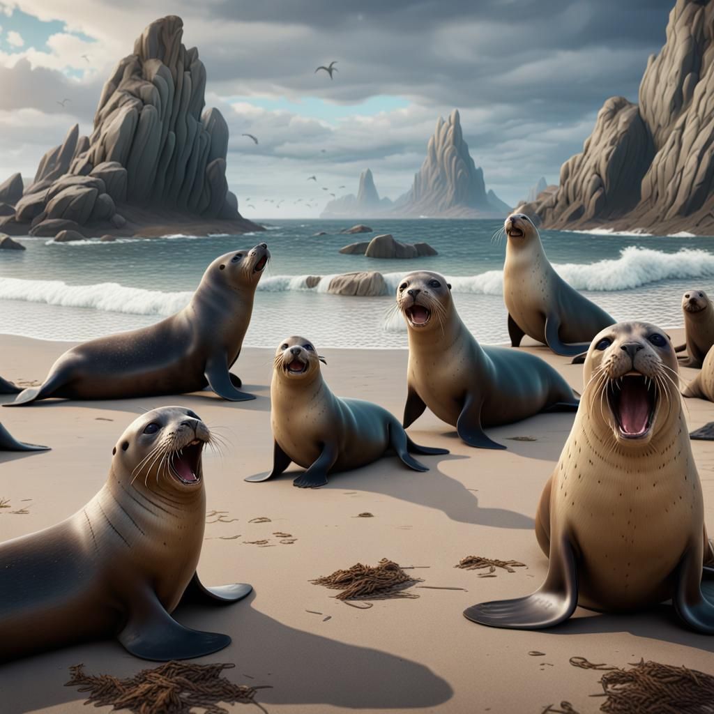 A group of seals and sealions. barking on the beach. detailed matte painting, deep color