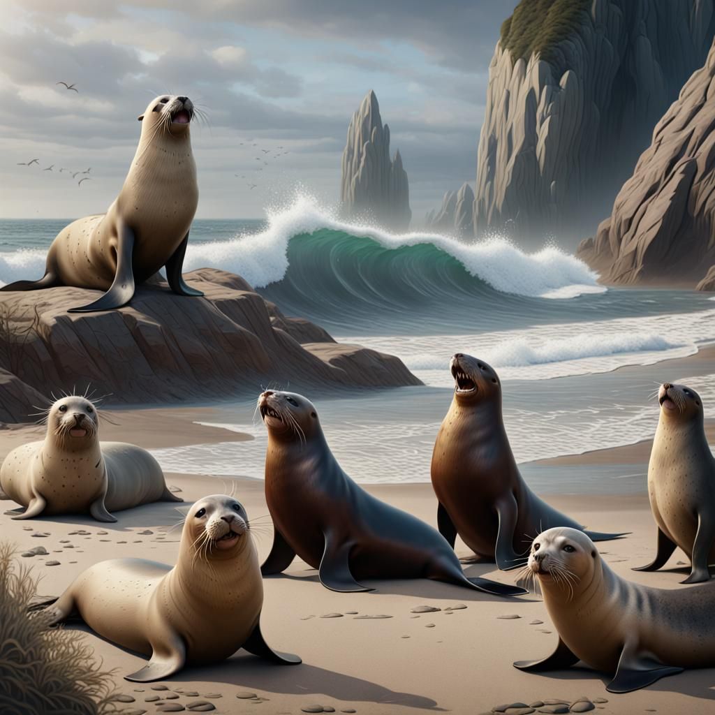 A group of seals and sealions. barking on the beach. detailed matte painting, deep color