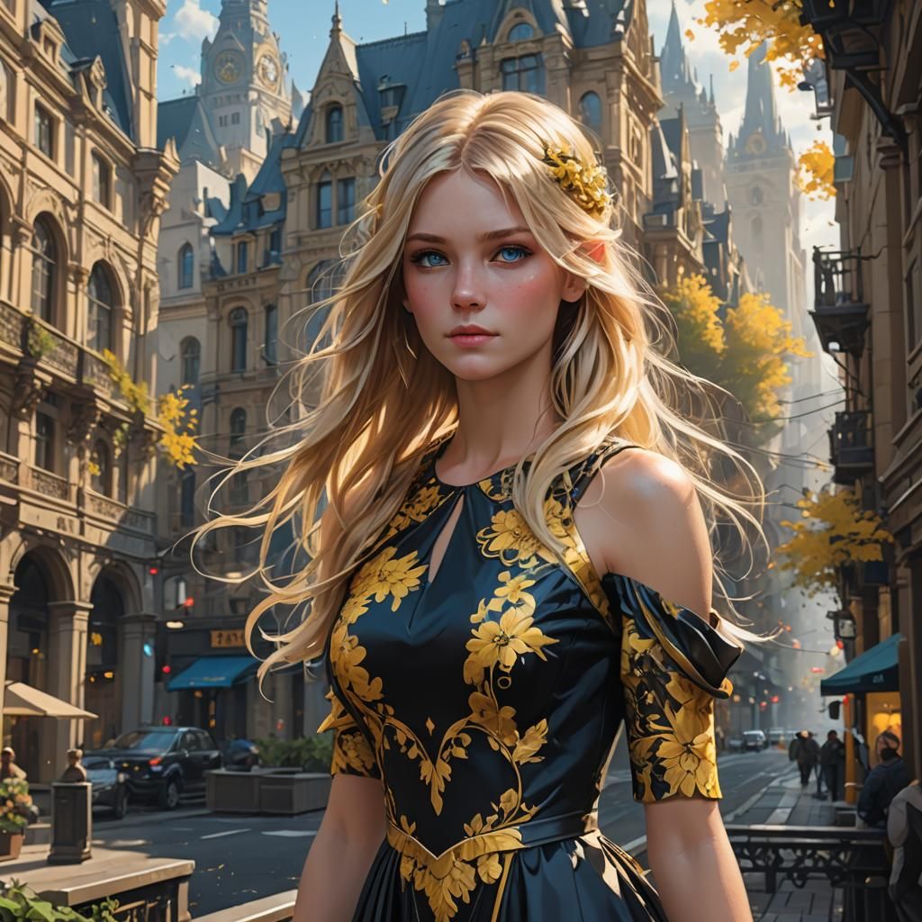 Beautiful morning with background city and a beautiful blond...