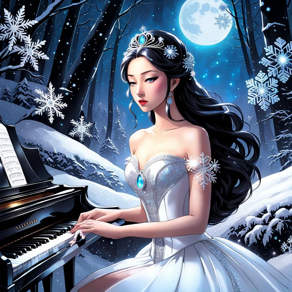 Serenity cybernetic rhythm, piano, princess, glittering snow...