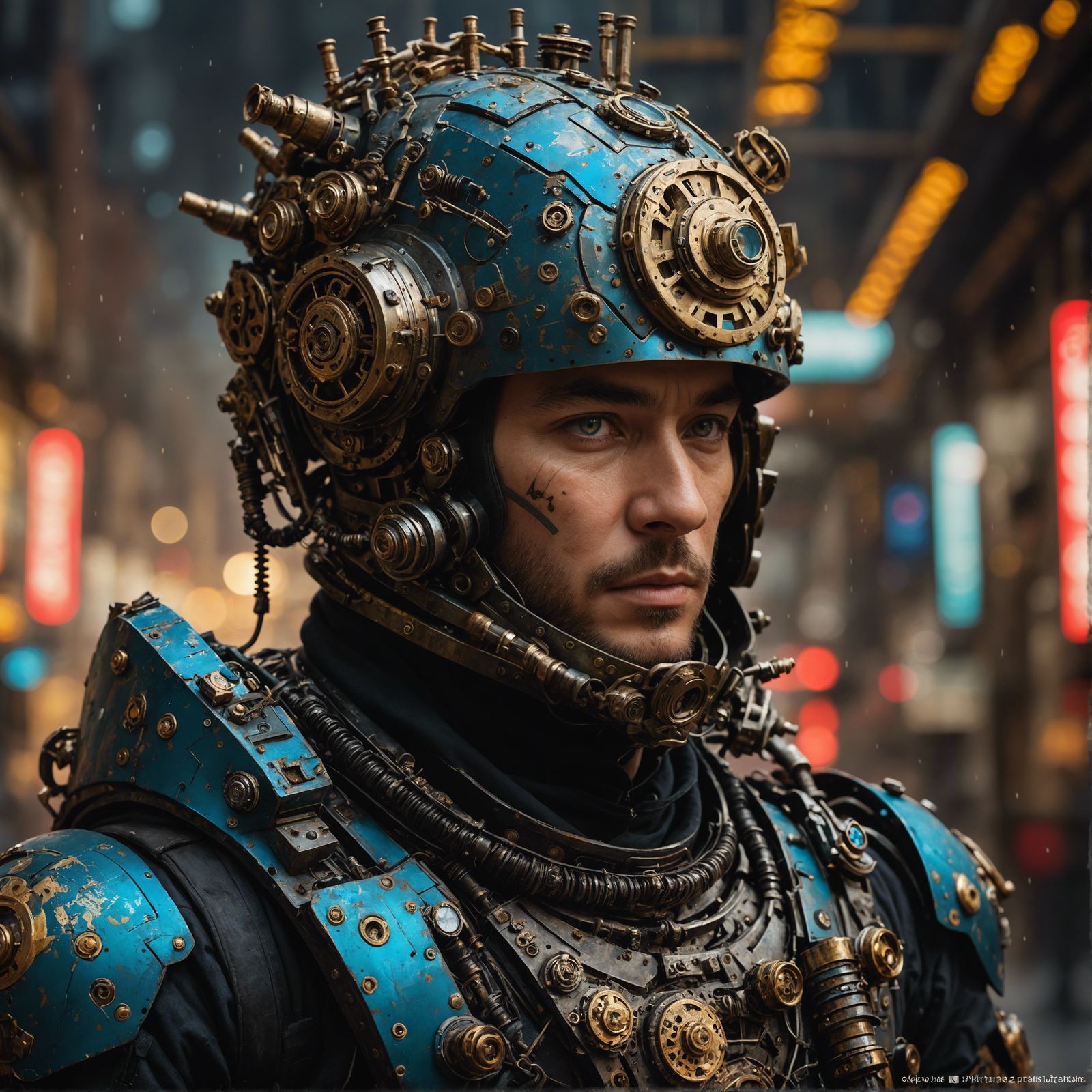 Insanely detailed head and shoulders award winning portrait photography of a time traveller wearing clockwork scrap meta...