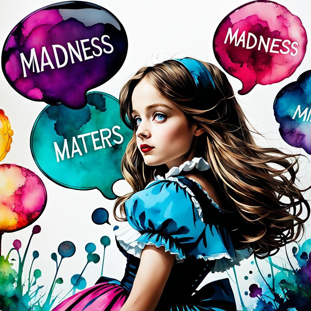 Alice in Wonderland as an artist , alcohol inks , speech bub...