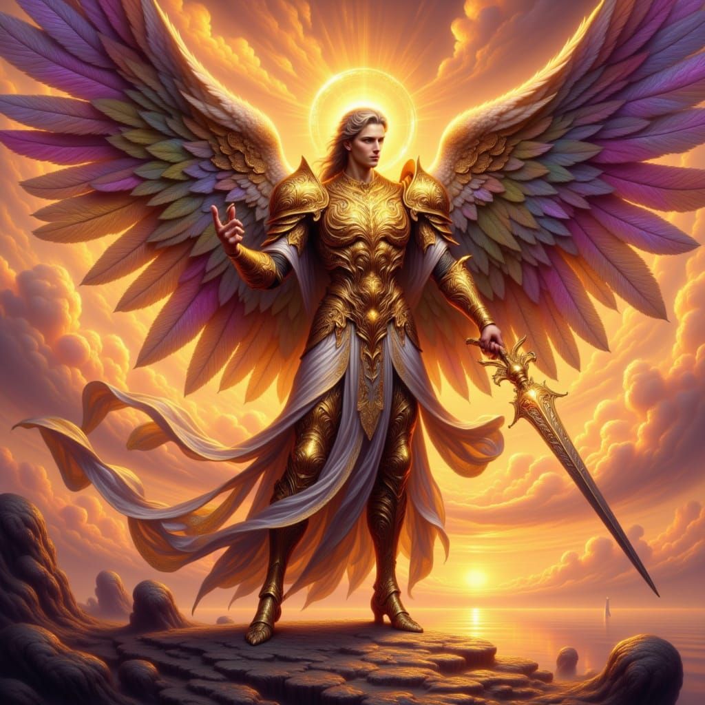 "Seraphic figure silhouetted against a glowing orange sky, long wings illuminated by the first light of day, symbols of the sun etched into ...