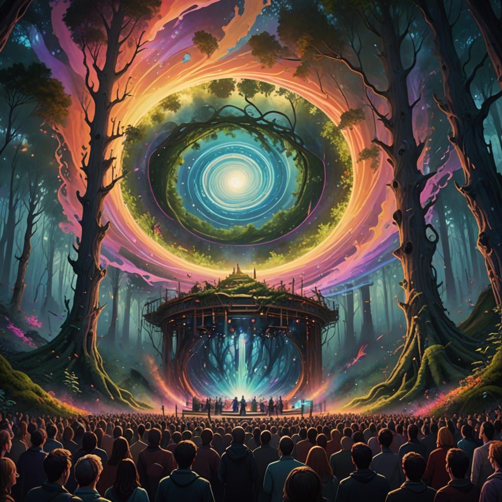 A swirling vortex of pure, vibrant color opens in the center of a dense, enchanted forest. Through the ...  by @Suzie Greenburg