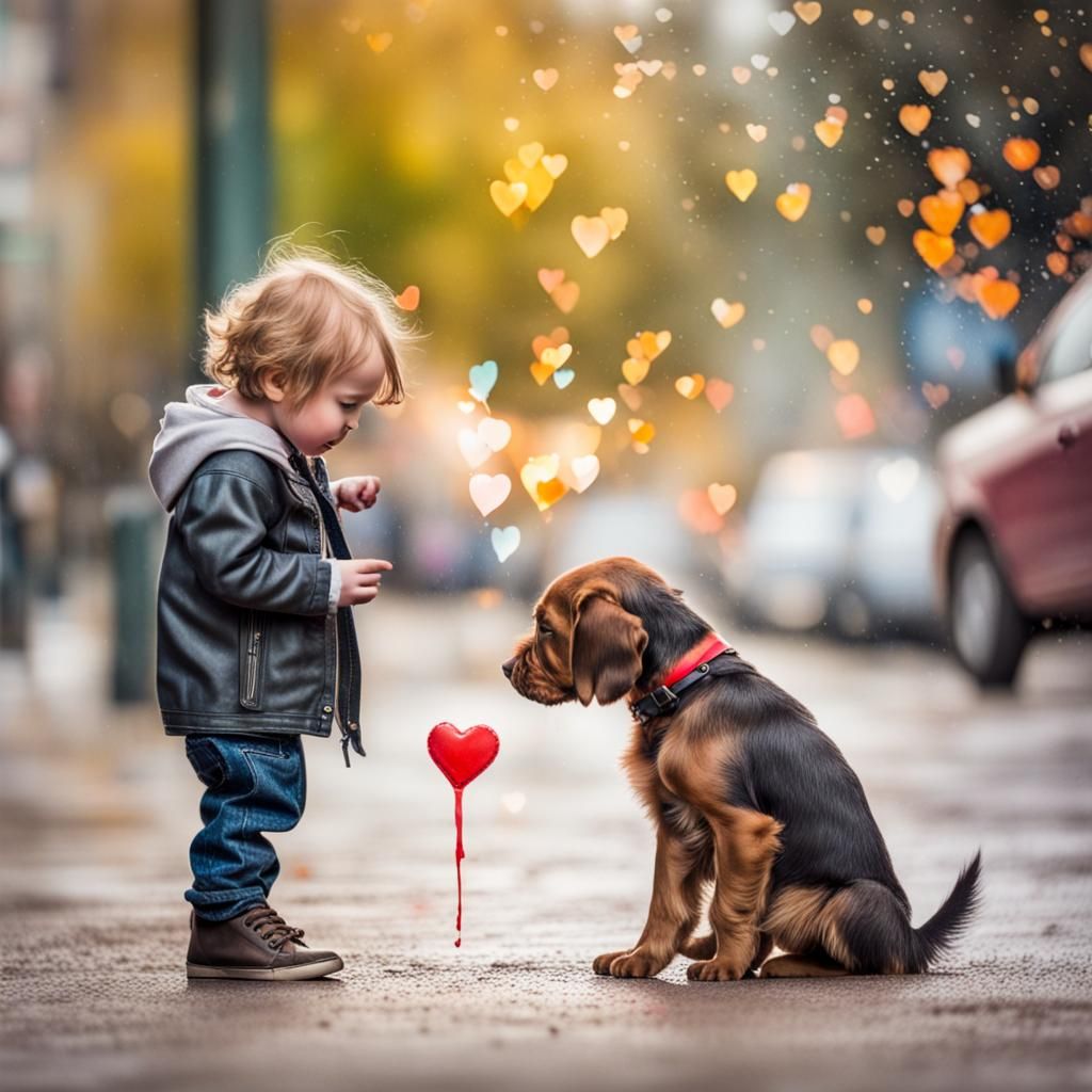 Watercolour splash art, graffiti art,  falling in love, child meeting a new puppy, love at first sight ...  by @Feebleeona