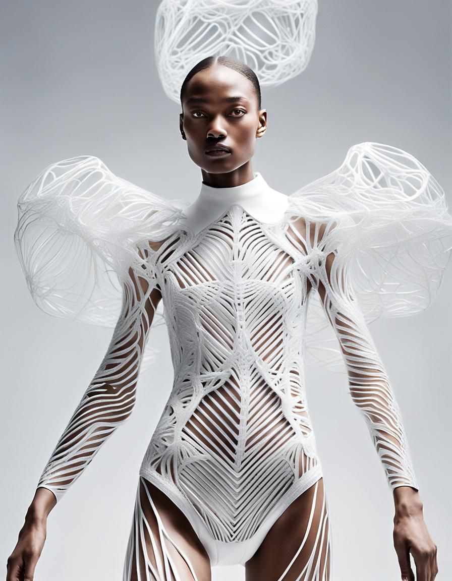 A fashion model with fair skin is showcased wearing an avant...