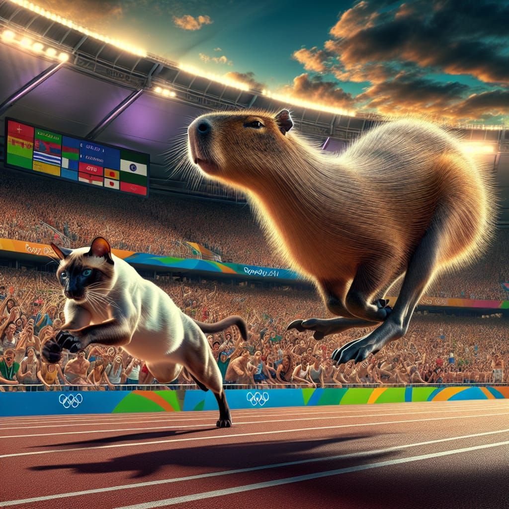 Capybara at the Olympics running against a Siamese cat, 8k, hyperrealism, rich and vibrant colors