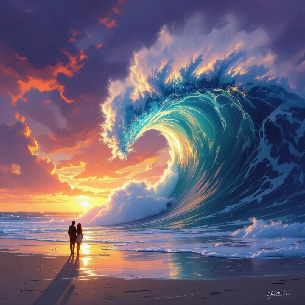 Giant wave approaching couple 