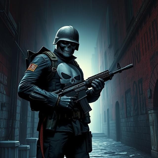 THE PUNISHER DRESSED IN MILITARY UNIFORM STANDING IN AN ALLE...