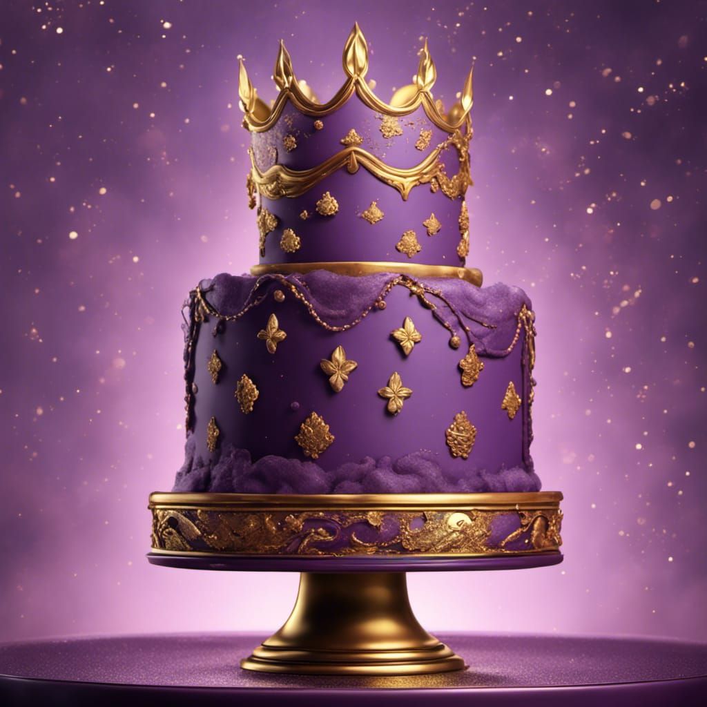 A tall purple cake dusted with shining gold dust with gold a...