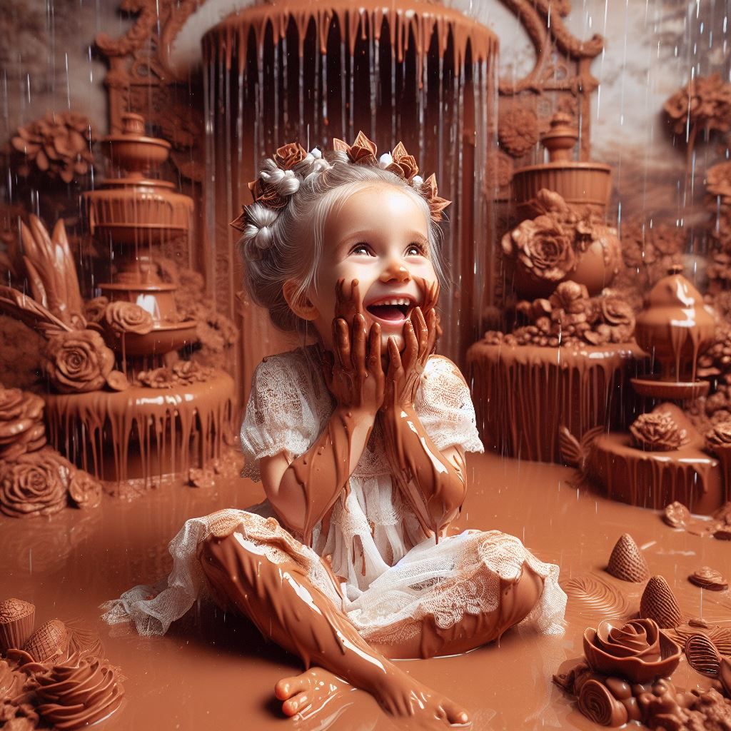 Joyful toddler covered in chocolate..