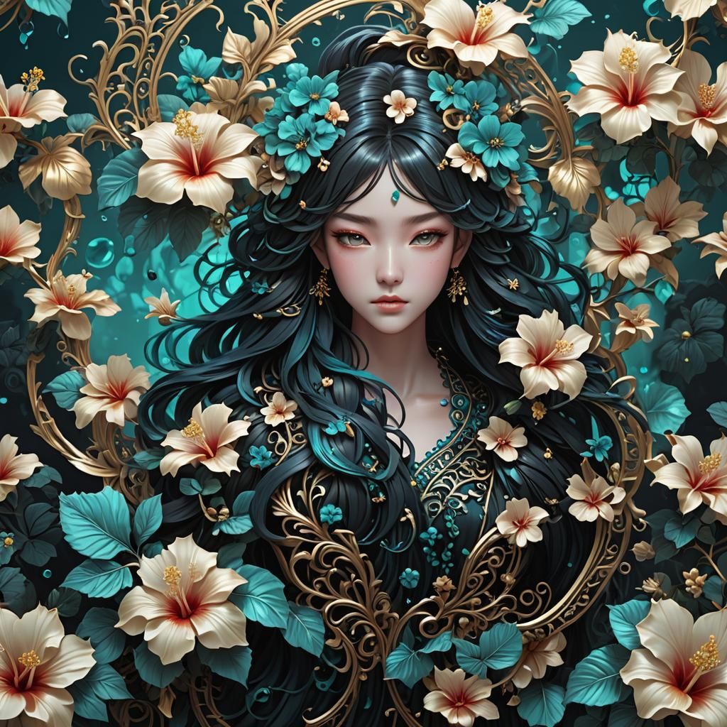 iridecent filigree black teal hibiscus ornate waterfall