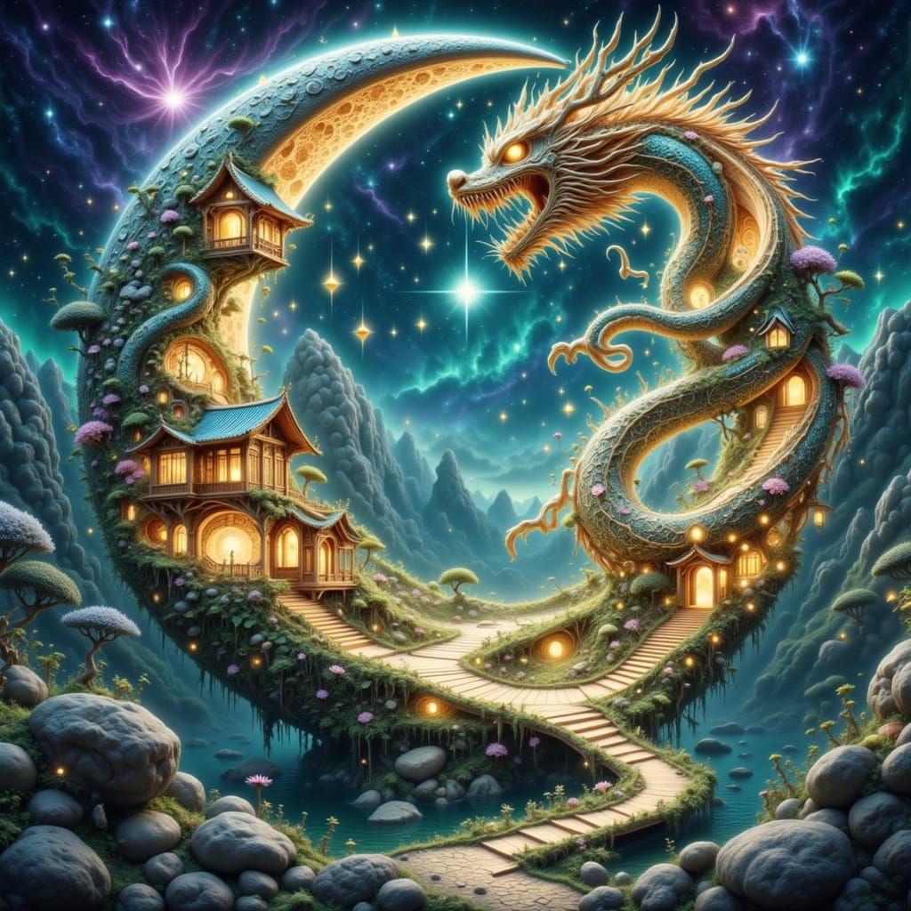 <lora:FiosCrescentMoons:1.0> A majestic Chinese dragon on a crescent moon
<fioscrescentmoons>      impossible physics
luminous crescent moon...