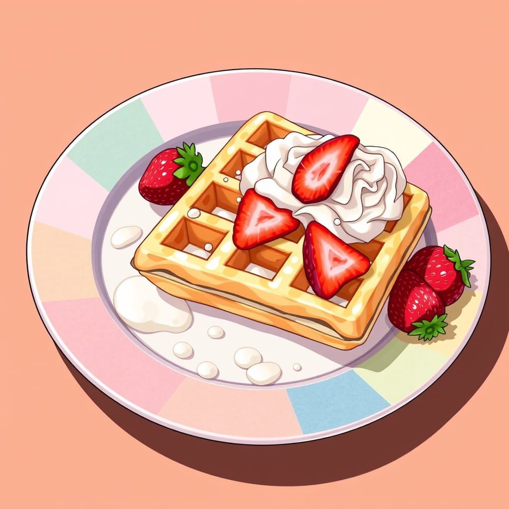 Belgian Waffle with Strawberries in Anime Style