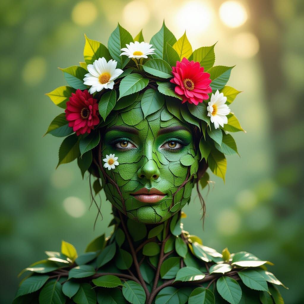 Surreal Face Crafted from Leaves, Branches, and Flowers