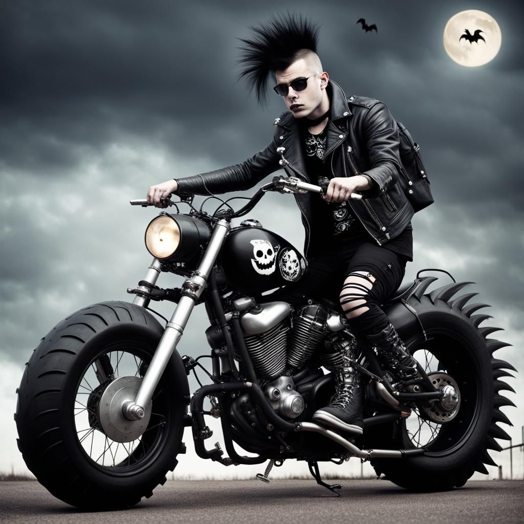 halloween punk goth emo guy on monster motorbike