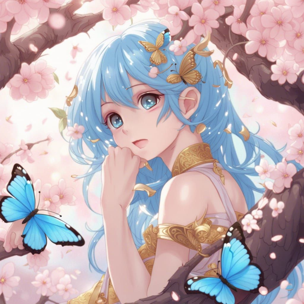 Blue Butterfly on Cherry Blossom Tree in Anime Style