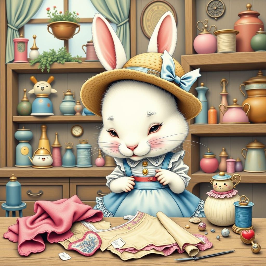 <lora:Bad Bunny:1.0> <lora:Whimsy Flux:1.0> <lora:Flux Caricature:1.0> <lora:Black:1.0> "adorable cute bunny tailor"