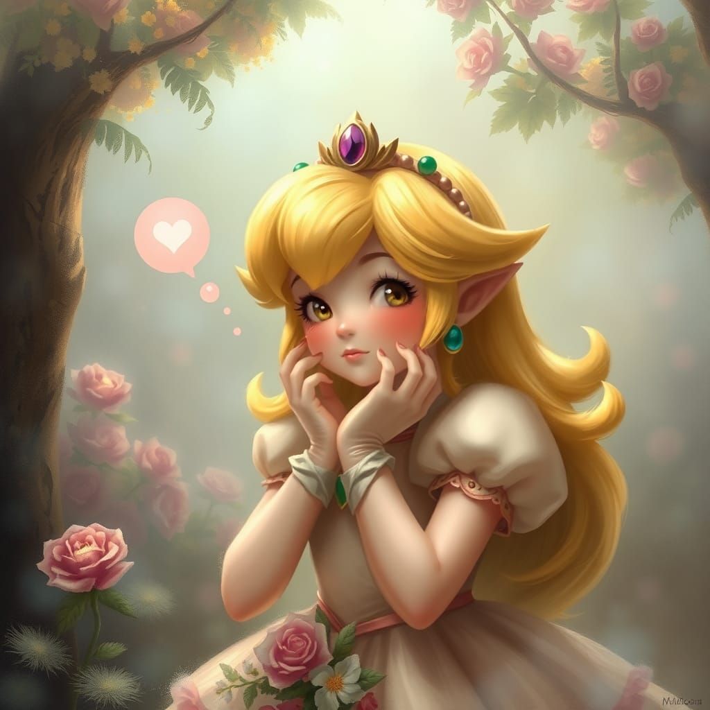 Princess Peach Blushing in Ethereal Fantasy Style