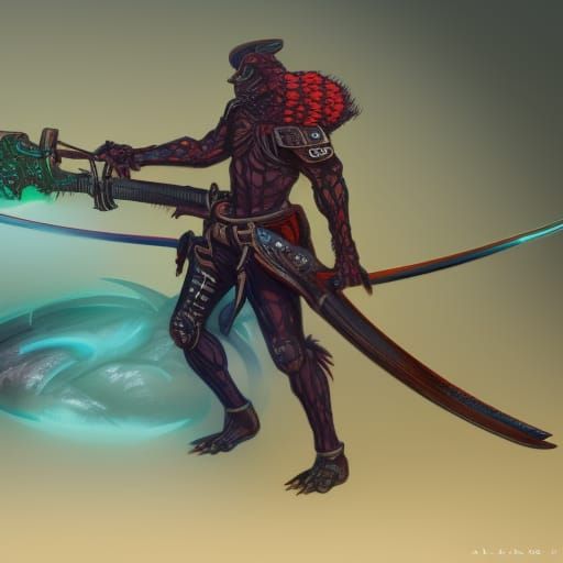 An anime velociraptor samurai with a six shooter and a plasm...