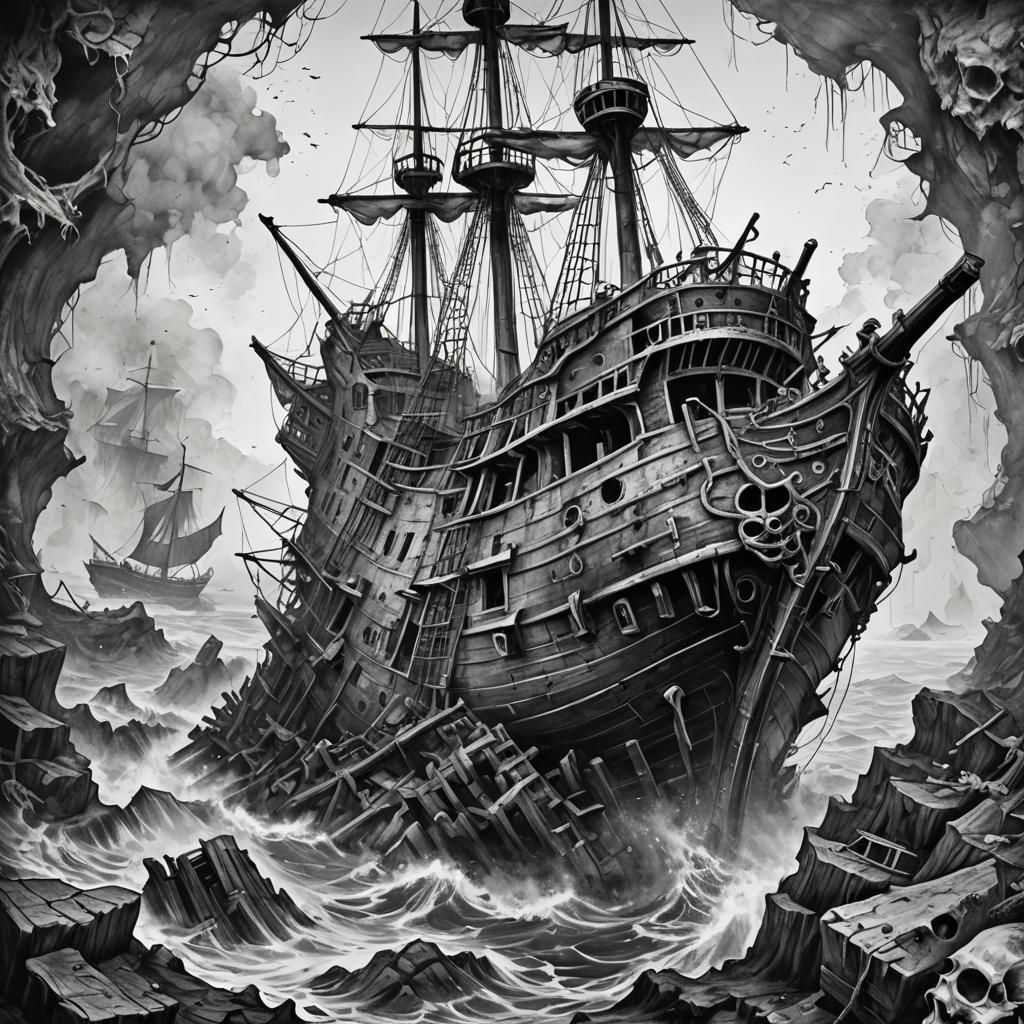 A detailed sketch of a sunken pirate ship in black and white...