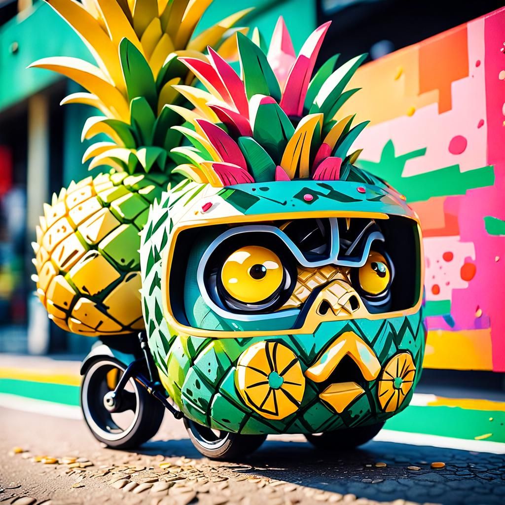 whimsical chibi pineapple with eyes on a one wheel bike with a helmet ...