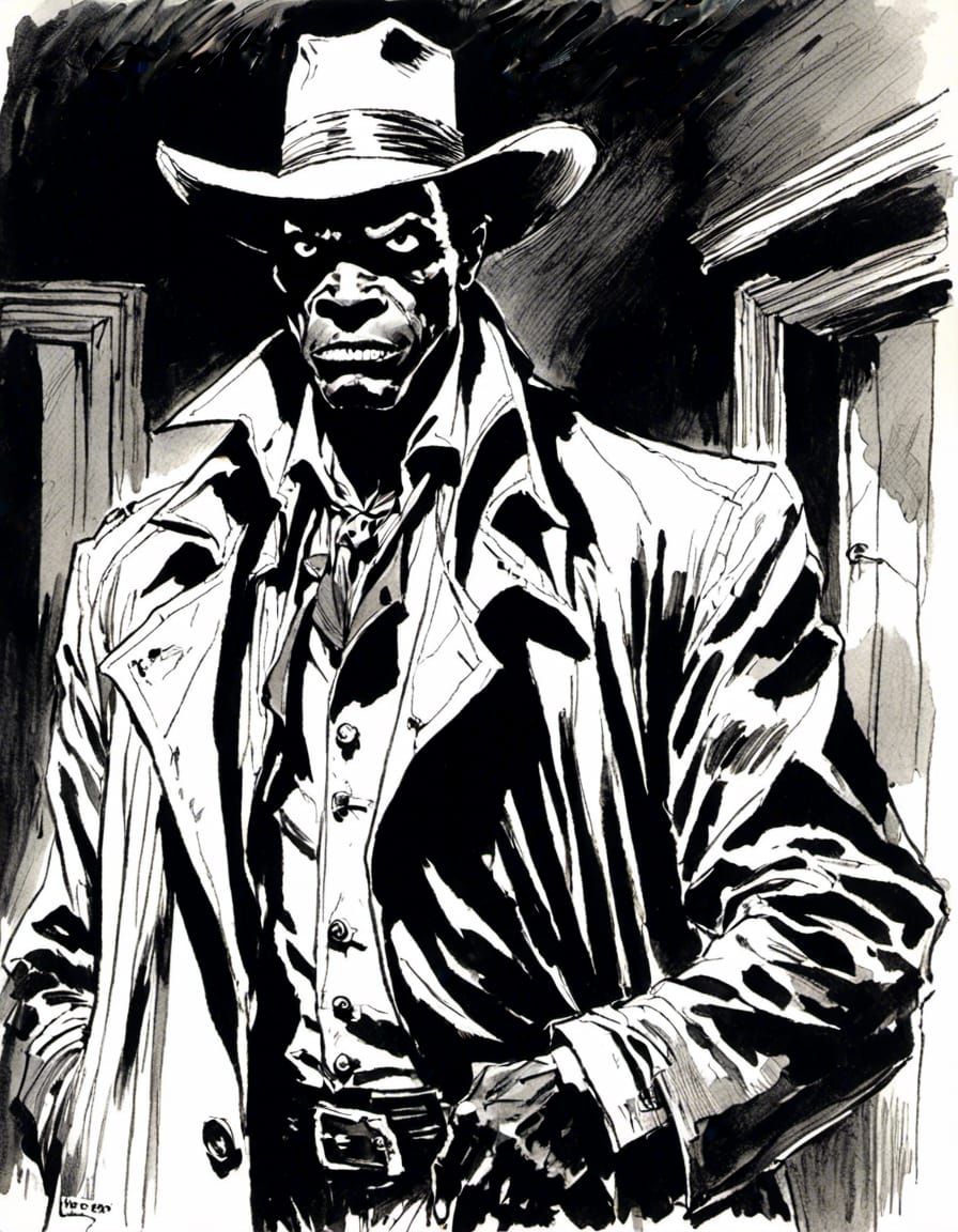 by <lora:VersoComicAfterDark:1.0> :: pen & ink :: intense head-and-shoulders portrait of stylish dangerous suspicious Congolese hunter of va...