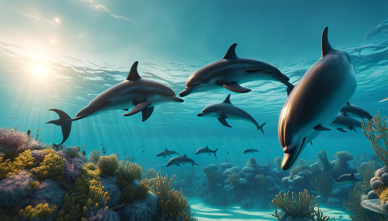 dolphins gliding through azure waters