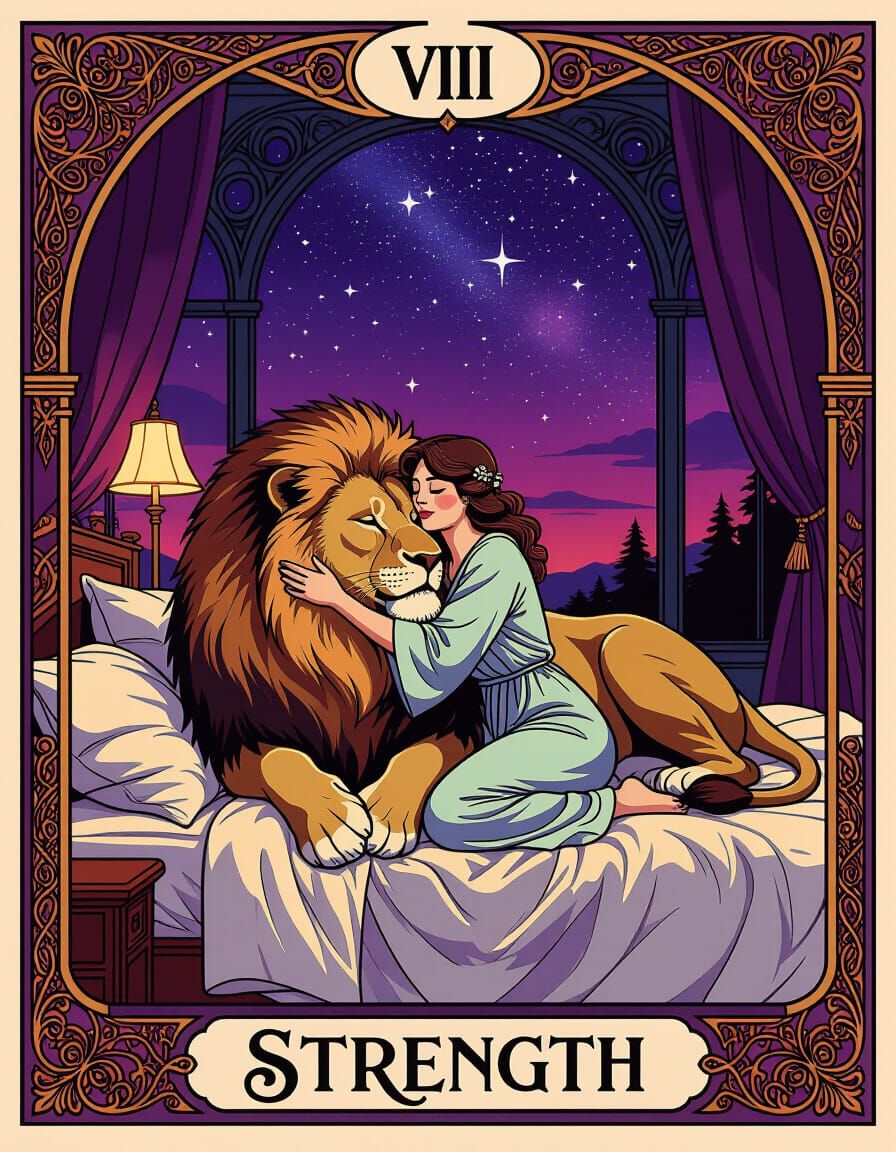 Gothic tarot card design, The Strength card, dark purple gradient background blending into deep magenta and electric blue, cozy bedroom sett...