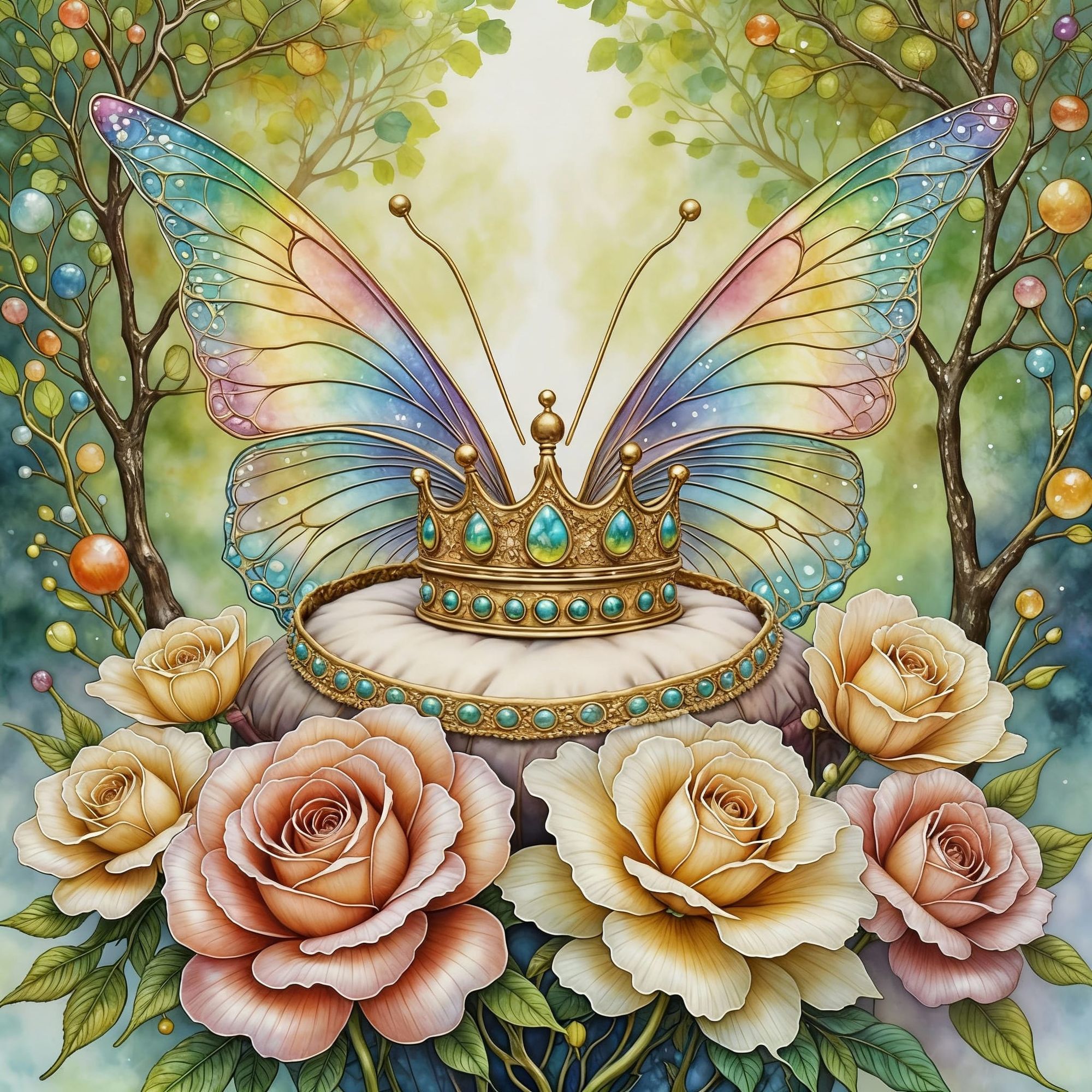 <lora:PR AlcoholWCGlass:1.0> A whimsical scene of a tiny, ornate crown resting on a bed of oversized, dew-kissed roses. Delicate fairy wings...