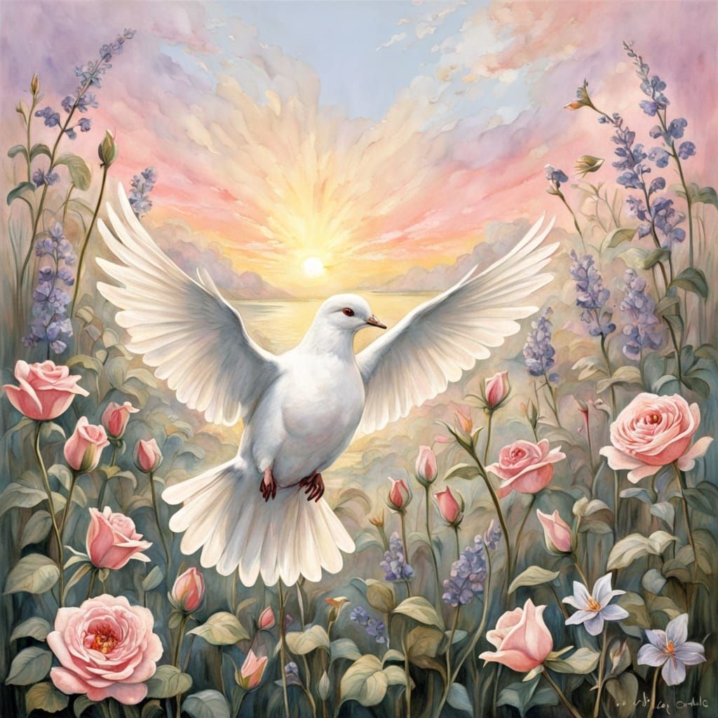 Imagine a striking scene of love and tranquility. A pure white dove, graced with elegance and peace, ...  by @Denise