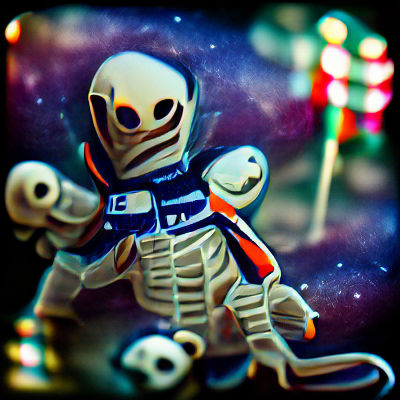 Scary skeleton astronaut in space bokeh