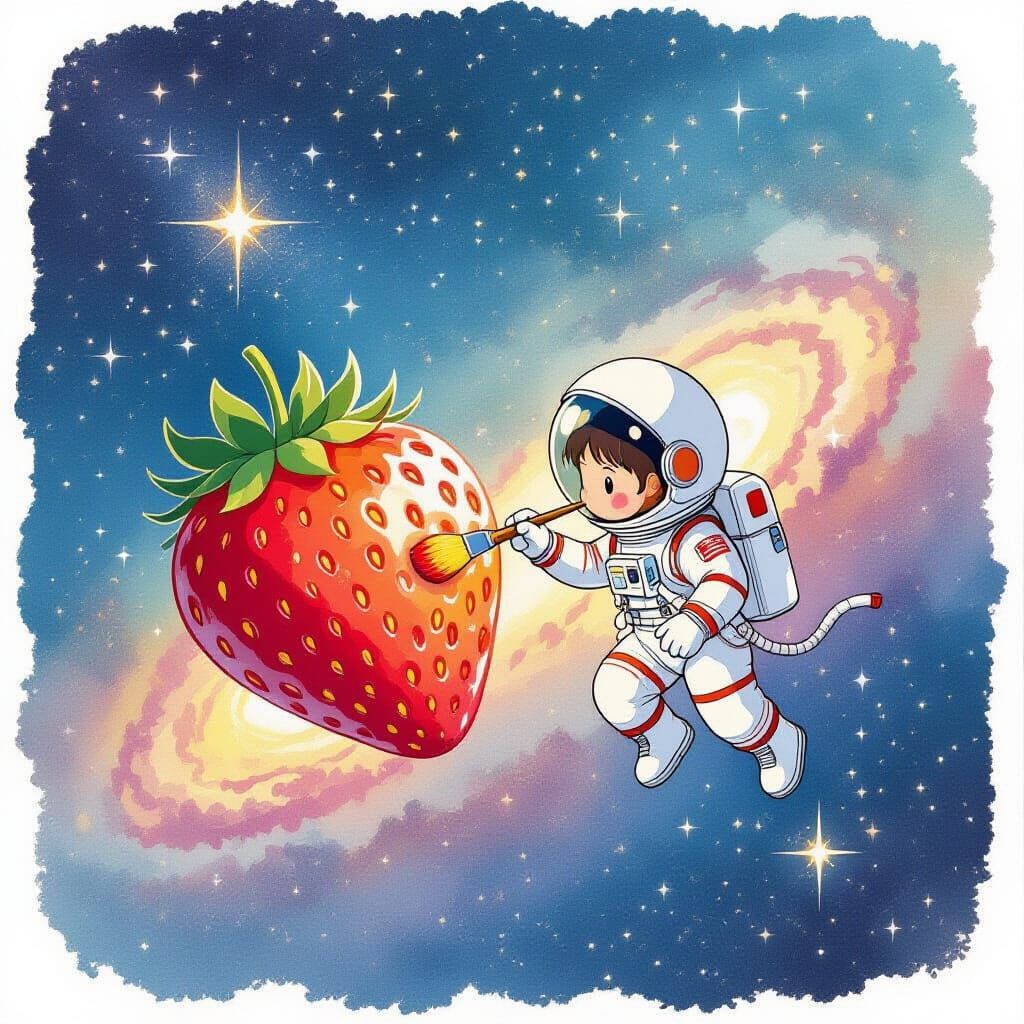 Astronaut Paints Strawberry Planet, Ghibli-Inspired Art