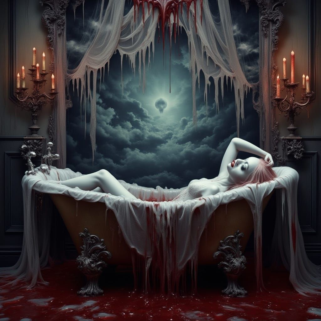 <lora:Nightmare v2:1.0>a beautiful vampire in a bathtub full of blood smiling in a surreal room