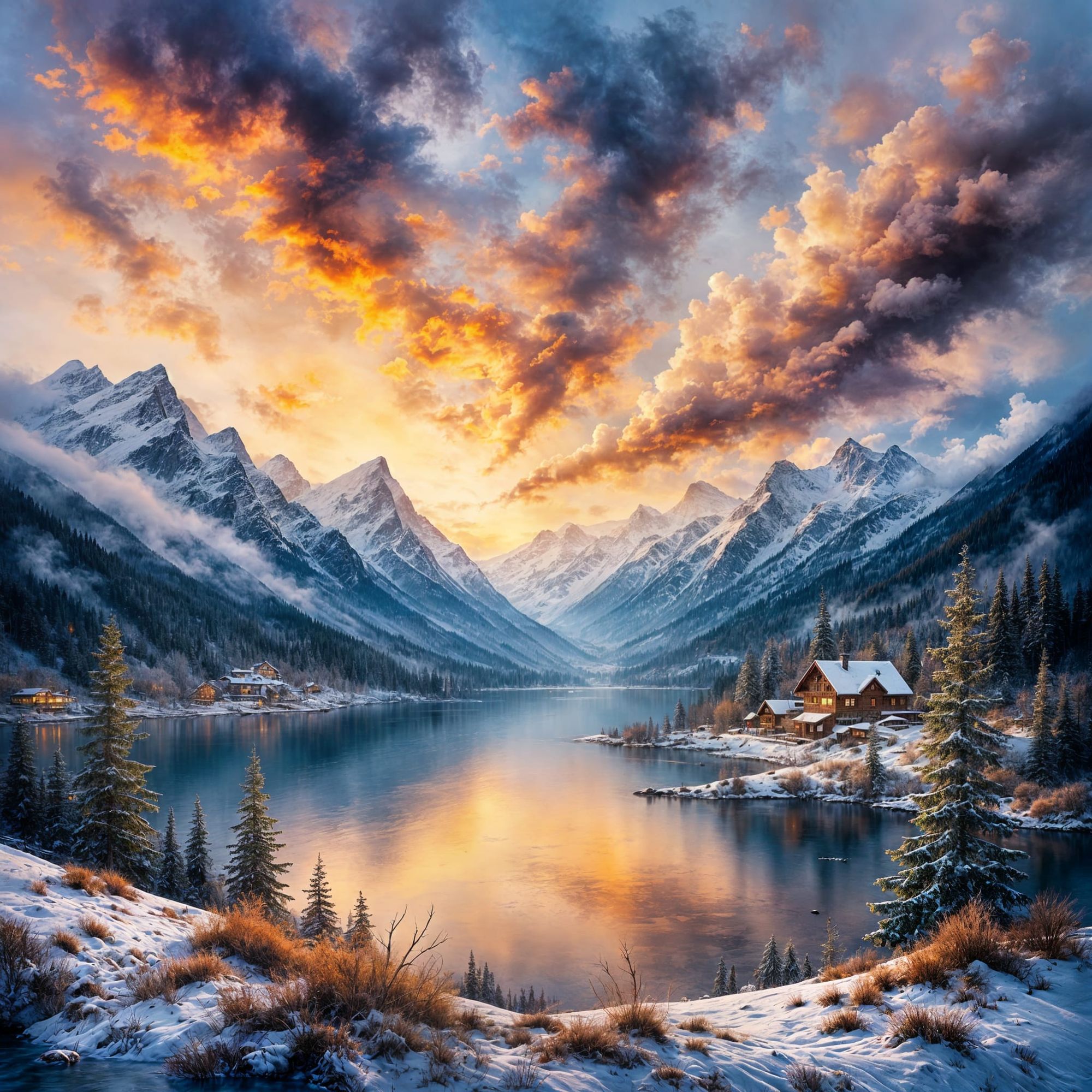 <lora:Smokey grunge:1.0> High Alpine lake, dusk, village, snow, brilliant colors, clouds