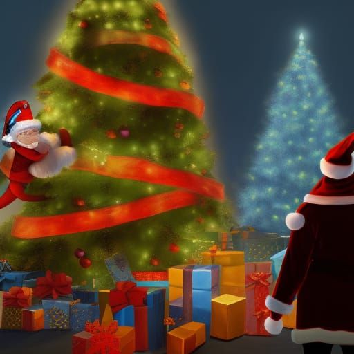 Waiting on Santa by the tree detailed matte painting, deep c...