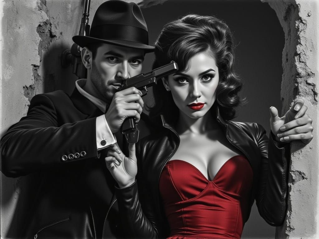 1950s Detective Protects Woman in Red, Noir Style Charcoal D...