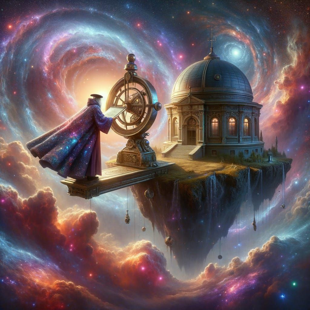 A celestial navigator charting unknown galaxies from an ancient observatory perched on a floating island. Stars and nebulae swirl in vibrant...