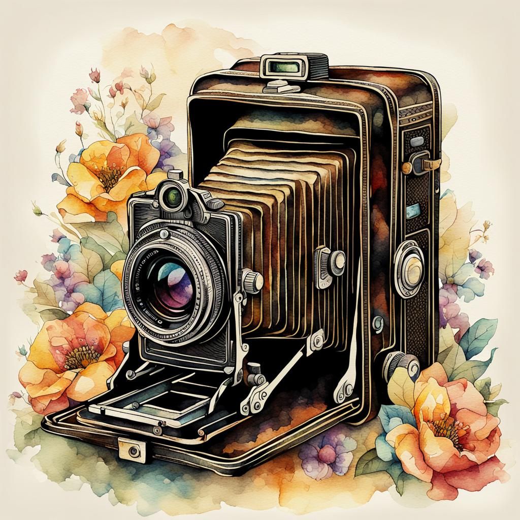 antique camera , by heikuh, S<AI watercolor and ink, intricate details, fantasy, beautiful, award winning, ...  by @Heiner