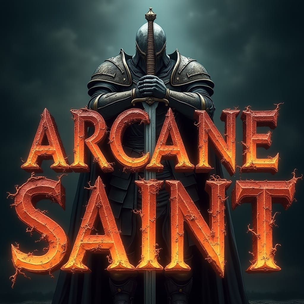 generate a bold text "ARCANE SAINT" with intense letters. making it for a logo. dark background. add a warrior holding a sword behind the te...