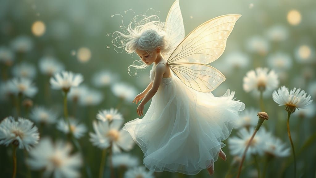 A whimsical fairy with hair woven from pure white moonlight and delicate silver threads, floats amidst ...  by @Carlos