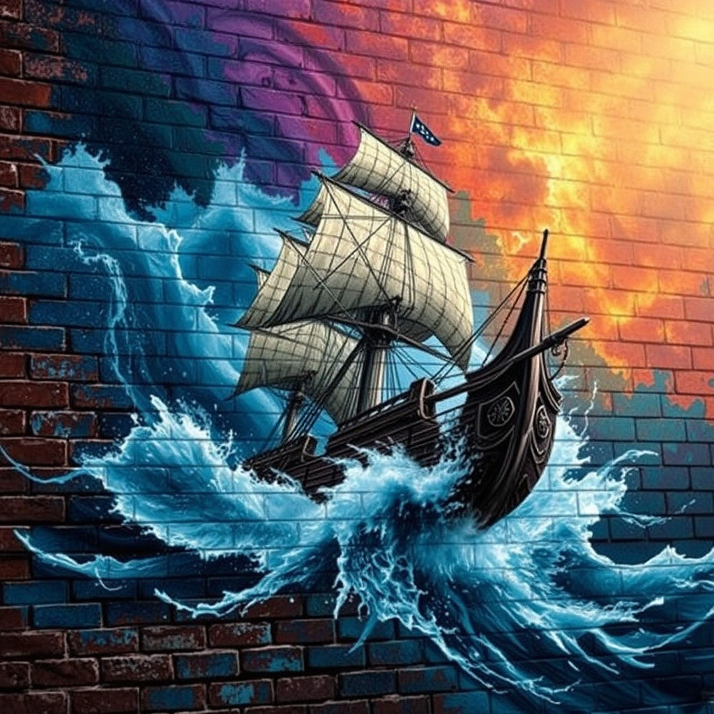 A ship fighting a storm is painted on a brick wall  by @Likvi
