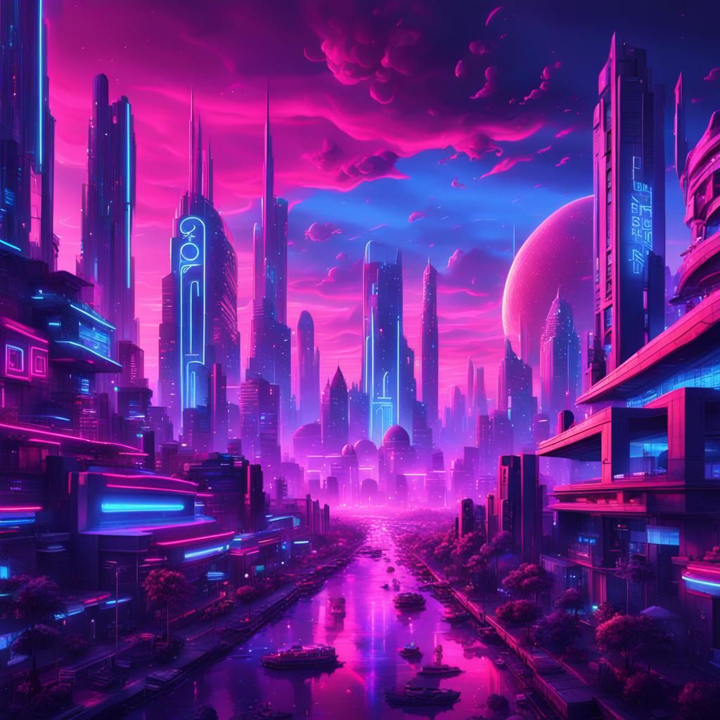 Blue neon like drawing of futuristic city pink neon sunset