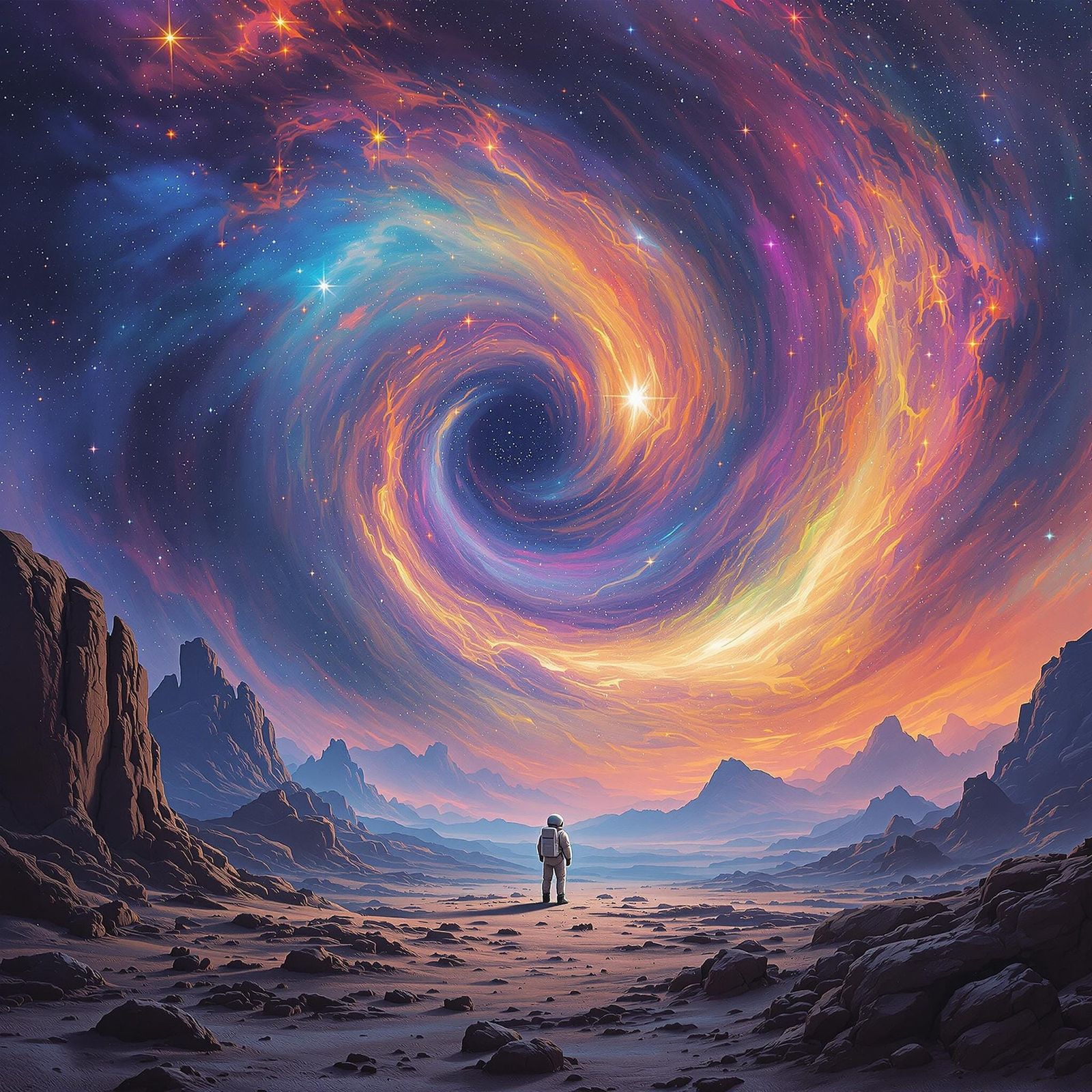 Astronaut Gazing at Cosmic Nebula in Surrealist Style