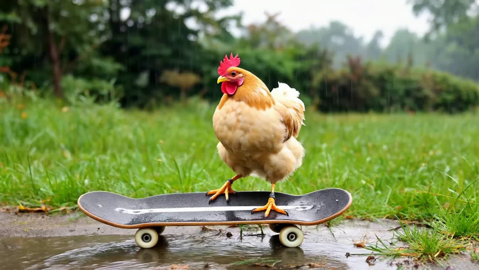 A chicken riding a skateboard on a rainy day