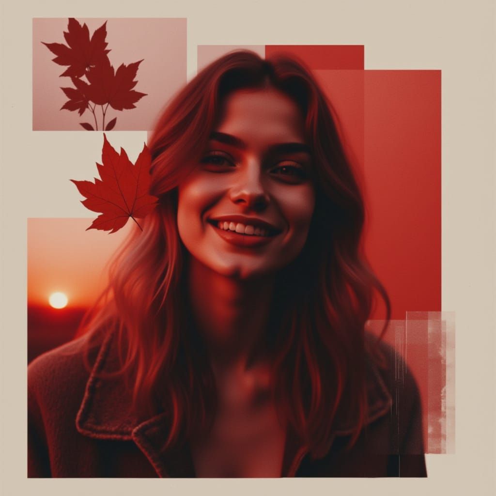 <lora:BleakBeauty:1.0> collage lo-fi, fragmented, autumn, red, woman smiling, overlapping autumn leaves, overlapping sunset, muted tones, sp...
