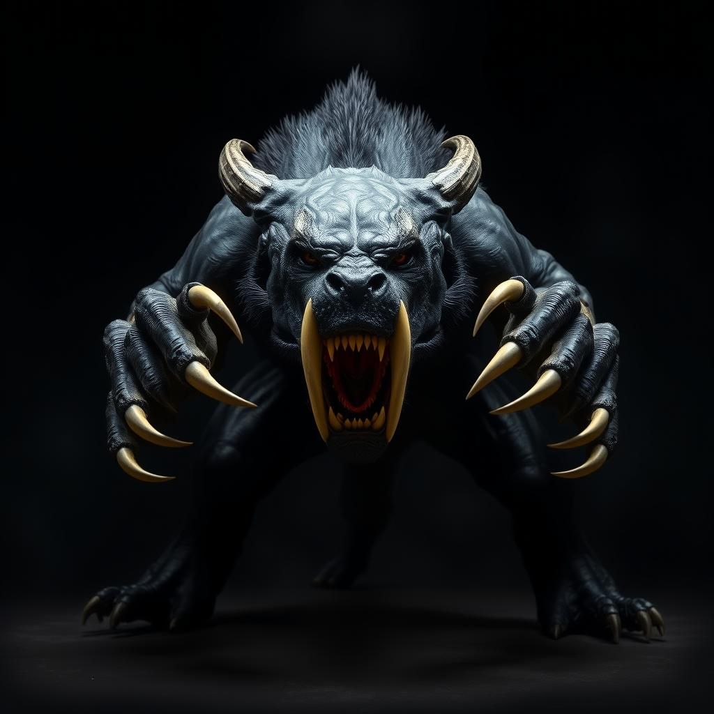 A striking and realistic illustration of a fearsome saber-toothed tiger, or Smilodon, crouched in an aggressive and asymmetrical action pose...