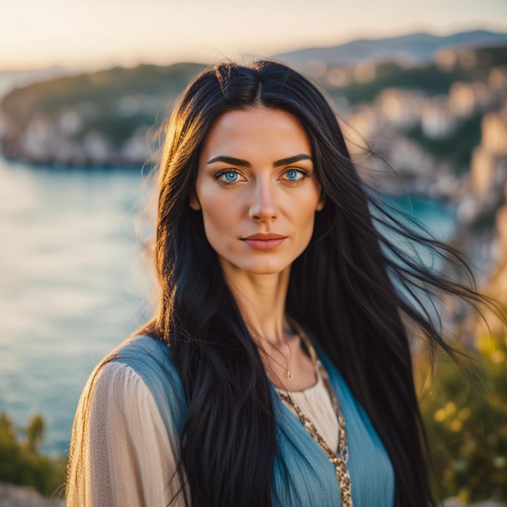 Young Italian woman, olive skin, long black hair, stunning beauty, sensual look, vibrant blue eyes, Professional photography, bokeh, natural...